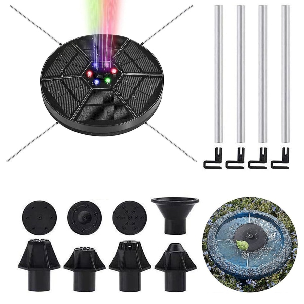 Solardriven fontänpump med LED-belysning kompatibel med damm, pool, trädgård, akvarium