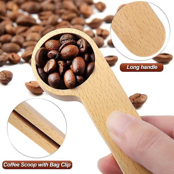 6 stk Træ Kaffe Ske og Pose Klips, Spiseske Måleske, Kaffeposer Forseglingsklips, Kompatibel med Malet Bønner