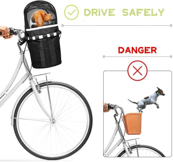 Pet Bicycle Basket for Handlebars, Breathable Mesh, Removable Reflective Strips, Night Safety, Black