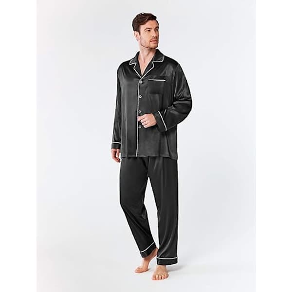 Satinpyjamas til mænd, langærmet PJ-sæt med knapper og lommer - Sort