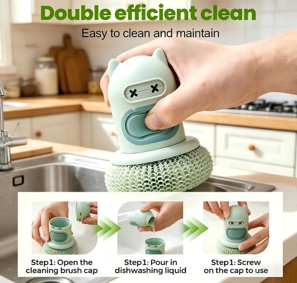 Refillable Soap Dispensing Dish Brush | Handheld Kitchen Cleaning Brush, Powerful for Cleaning Dishes, Pots, and Non-Stick Cookware (White) white white