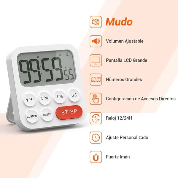 Digital køkkentimer multifunktionstimer med urfunktion, hurtigindstilling, 3 lydstyrkeniveauer, magnetisk bagside, foldbart stativ (8*9*2cm)