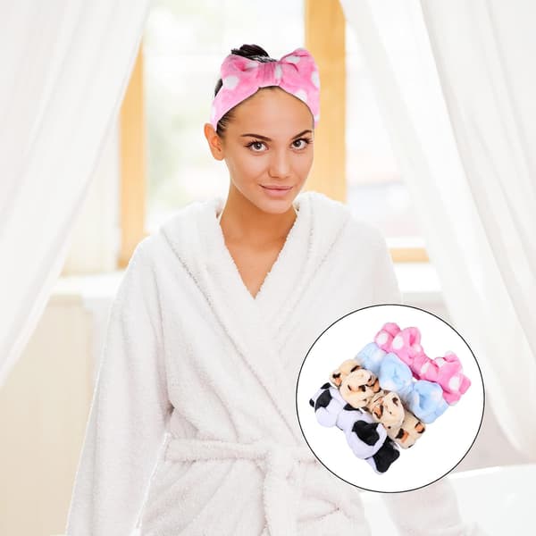 4 stk. koralfleece strækbare hårbånd med sløjfe, elastiske makeup- og spa-wraps, inkluderer blå prikker, sort ko-print, pink khaki