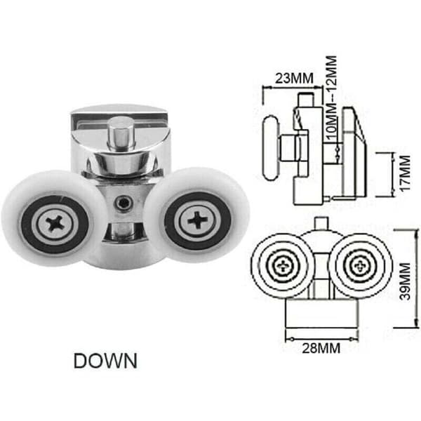 Sæt med 4 dobbelte ruller til skydedøre til bruser, 2 x 23 mm diameter zinklegeringshjul til badeværelse