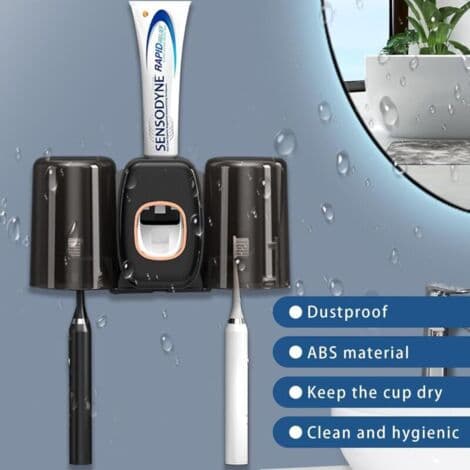 Wall-mounted Toothpaste Dispenser with Toothbrush Holder - 2 Mouthwash Cups - ABS Material - Drill-free Installation