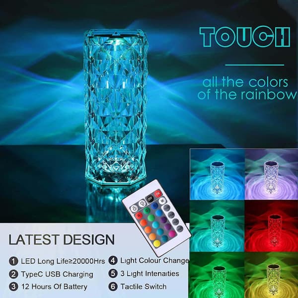 Touch Table Lamp Crystal LED Night Light, 16 Colors Rechargeable Rose Diamond Table Lamp with Touch Control, USB Table Lamps