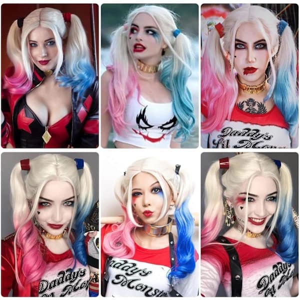 Harley Quinn Cosplay Paryk til Kvinder - Lang Blond med Blå & Lyserøde Spidser [JUN]
