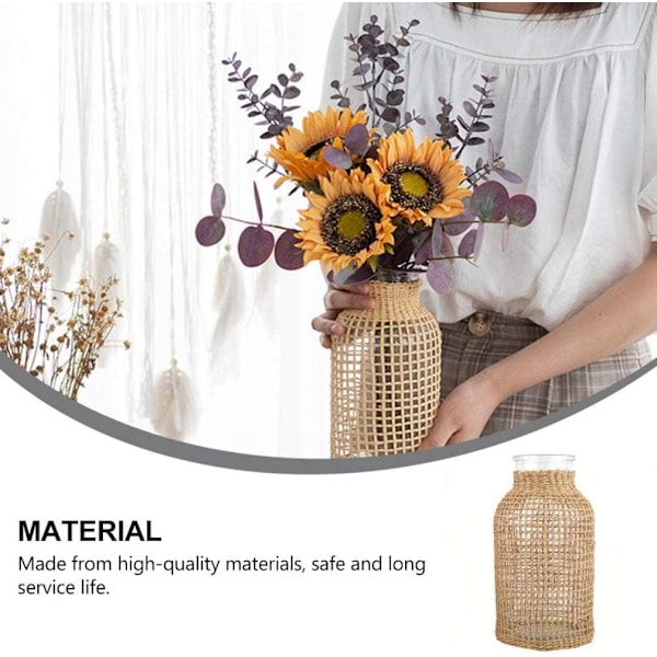 Boho Glasblomvas med Rattanöverdrag, Farmhouse Blomknoppsvas, Rund Dekorativ Blomvas Blomsterbehållare Blomsterflaska