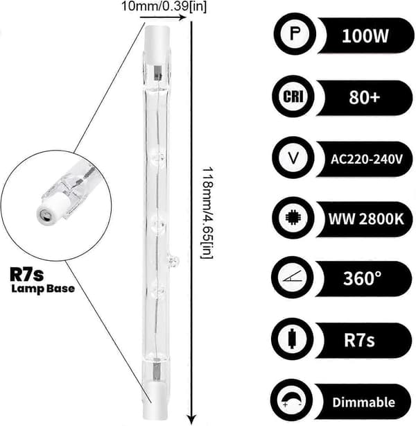 100W 118mm R7s Dimmable Halogen Light Bulb Warm White 2800K r7s Linear 1500lm Spotlight AC220-240V (5pcs) [DB]