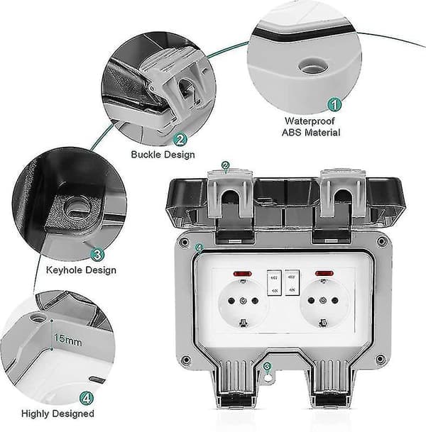 IP66 Waterproof Outdoor Socket Double Power Outlet and Protective Box Garden Wall Socket, Dust and Windproof Socket with Switch, Indicator