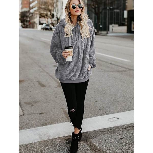 Dame fuzzy hættetrøjer pullover hyggelig oversized lommer hætte
