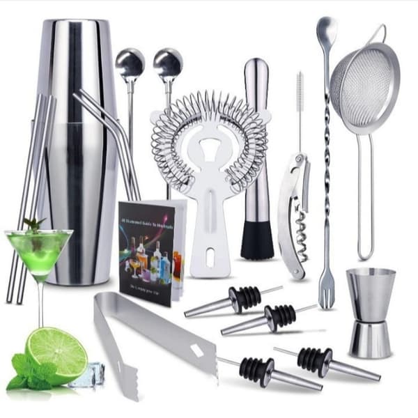 Boston 20-dele Cocktail Shaker Sæt - Perfekt Bartender Kit til Hjemmebrug, Rustfrit Stål, Sølv