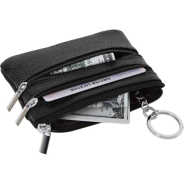 Myntveske i ekte skinn for kvinner, mini lommebok med nøkkelring, svart gave