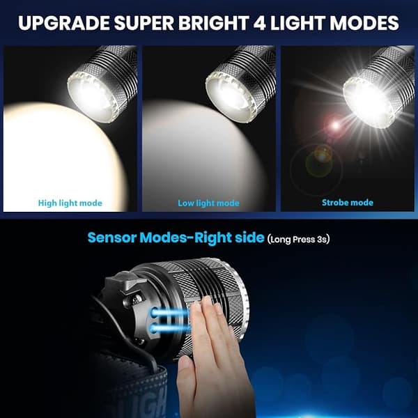 USB-C Oppladbar LED-hodelykt, Ultrasterk 90 000 Lumen 4-modus Hodelykt