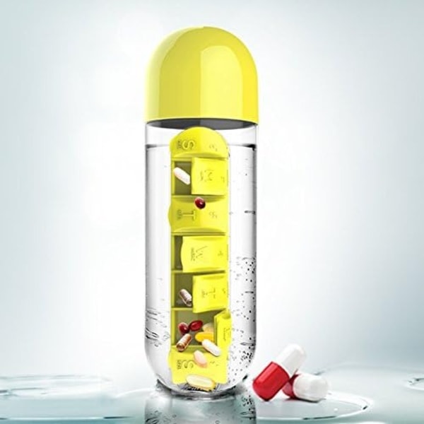 20 oz daglig medisinoppbevaringsboks og vannflaskekombinasjon, 7-dagers vannflaske med pillebeholder (gul)