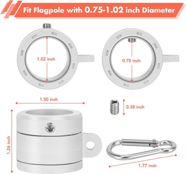 2-pack flaggstångsringar, 360° roterande anti-trassel flaggfästring, snurrande flaggstångssats med karbinhake för 0,75-1,02 tums diameter