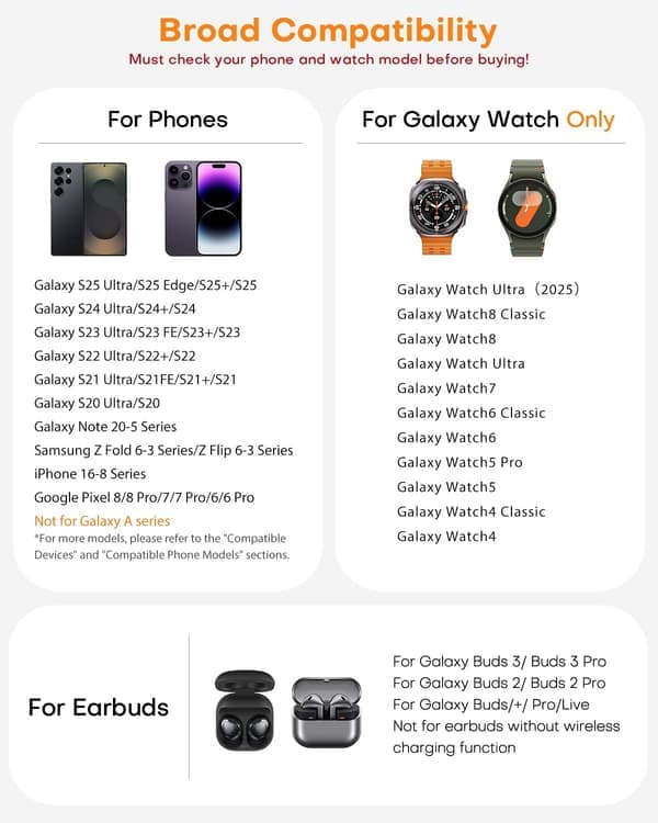 Trådløs oplader til Samsung ladestation: 3 i 1 Galaxy Watch-oplader, adapter inkluderet, sort