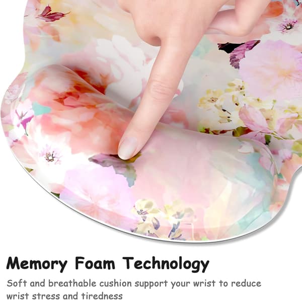 Ergonomisk musematte med håndleddsstøtte, blomstermusematte med håndleddsstøtte i minneskum, laptopdekorasjon, rosa blomster