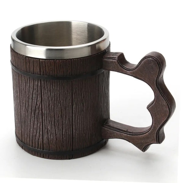 Håndlavet rustikt ølkrus i træ Ægte eg Miljøvenligt træ rustfrit stål kop (450 ml) - Wood Viking ølkrus - Beer Tankard Irish
