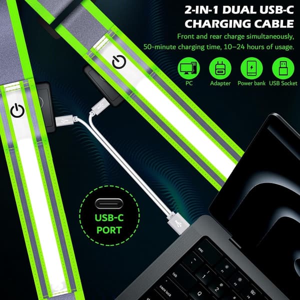 LED Reflective Shoulder Strap, USB Rechargeable, 3 Light Modes, High Visibility, for Runners, Hikers, and Cyclists, Blue, 130-154 cm