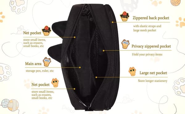 Black Large Capacity Pencil Case, 3D Cat Pencil Case Pen Pouch Storage Bag Suitable for Office School