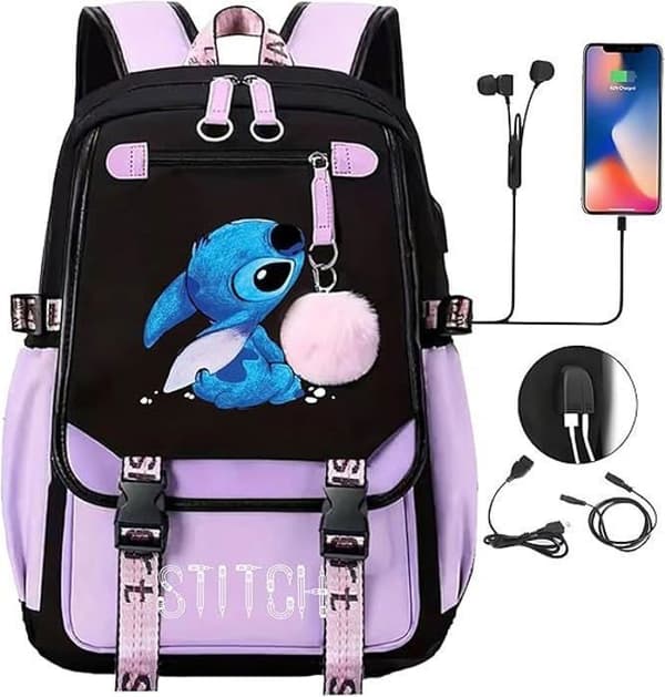 Purple Stitch Backpack for Kids & Teens – School Backpack with 2 USB Ports
