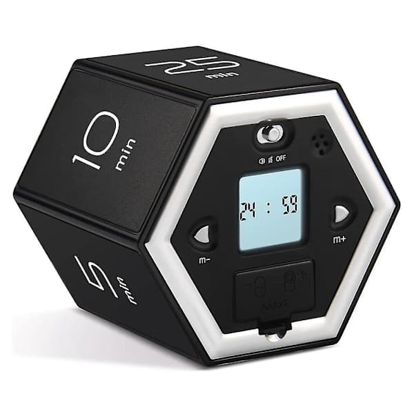 Hexagonal Flip Timer med Stille og Alarmfunktioner - Brugervenlig Køkkenur - Børns Tidsstyring Pomodoro Timer Sort