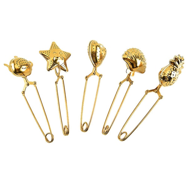 5 st. Rostfritt Stål Teinfuser Tesil Kreativ Tefilter Med Klämma Guld 15X4X2CM Golden 15X4X2CM
