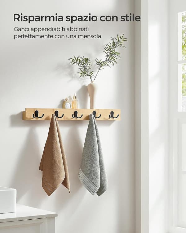 Tilaa säästävä bambuinen naulakko kaksoiskoukuilla ja hyllyllä