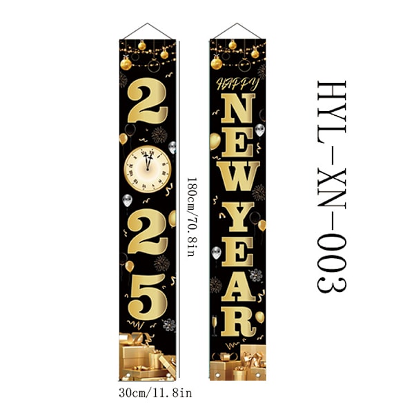 Sort Happy New Year Dørbanner 2025 - Nem at hænge op og iøjnefaldende (180 * 30cm)