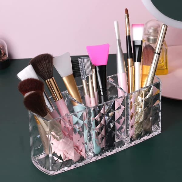 Makeup Brush Holder with 3 Compartments, Acrylic Clear Small Glitter Eyebrow Pencil