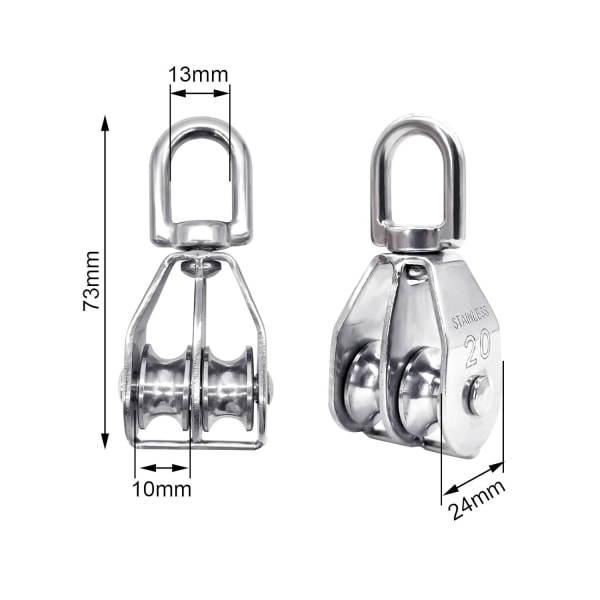 2st M20 dubbelremskiva Block 360° Snurra fritt 304 Rostfritt stål Dubbelremskiva Hjul Rull Starka kajaker Max belastning: 75 kg