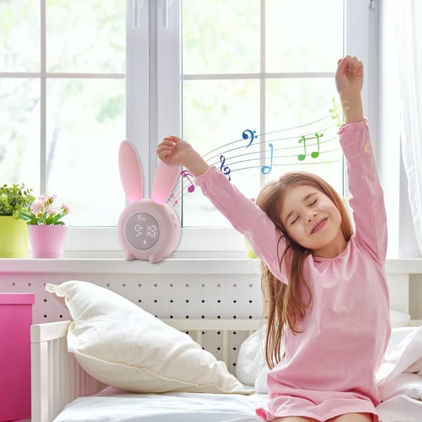 Rabbit Alarm Clock with Night Light, 6 Ringtones, Fun Touch Control and Rechargeable Snooze Clock for Kids