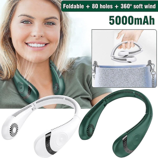 Mini kaulatuuletin kannettava riippuva USB ladattava ilmajäähdytin terätön tuuletin 5000mah vihreä Green