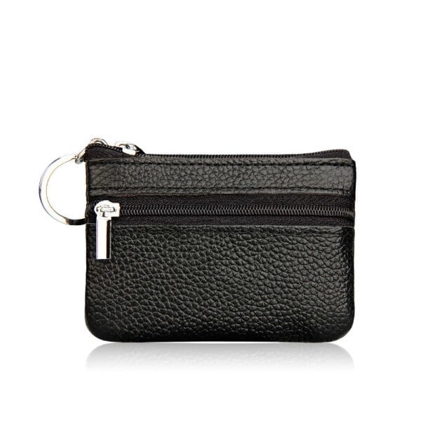 Läder Mini Plånbok Korthållare Nyckelring Dragkedja Myntväska Svart 10x7 cm
