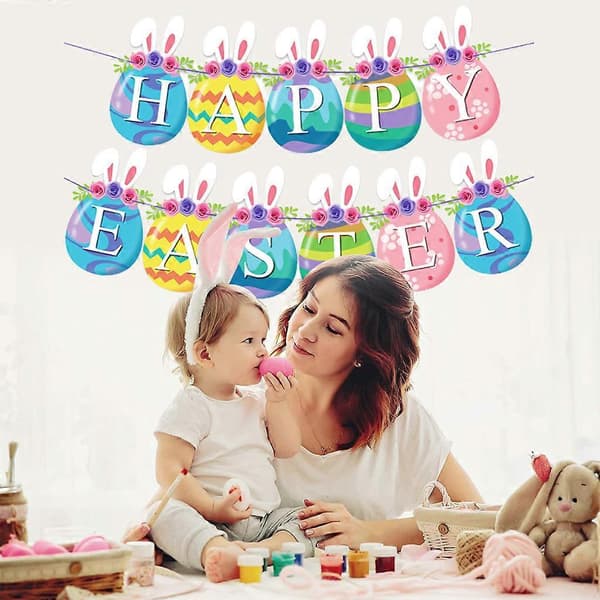 Happy Easter Banner for Fireplace, with Cute Rabbit Patterns, Paper Party Decoration