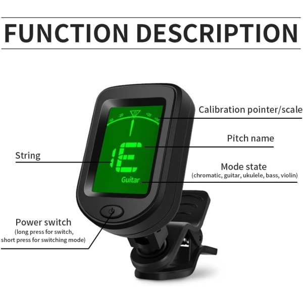 Chromatisk Clip-on Guitar Stemmer Bærbar Stemmer til Guitar, Bas, Violin, Ukulele og Banjo, med 360° Rotation LCD Display, 2 stk.