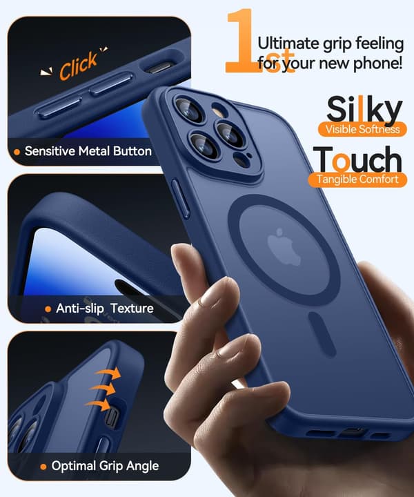 Magnetic Case for iPhone 14 Pro - Camera Protection, MagSafe Compatible, Transparent Matte Finish (Blue)