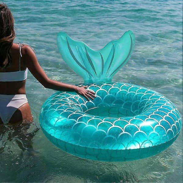 Inflatable buoy, durable round inflatable with handle air mattress floating inflatable pool float pool float adult size ring (fishtail sea blue)