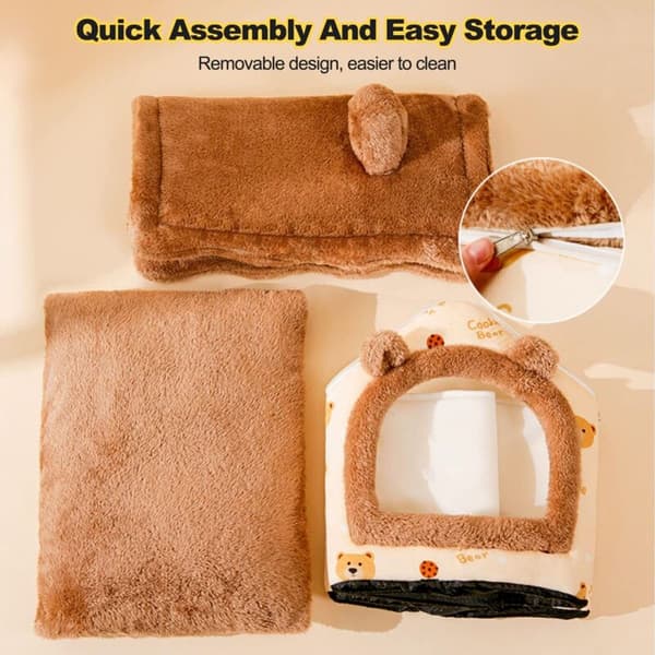 Cat and Dog Cave. Warm Plush Igloo. Foldable and Comfortable House. Non-slip Bottom (S. Brown Bear)