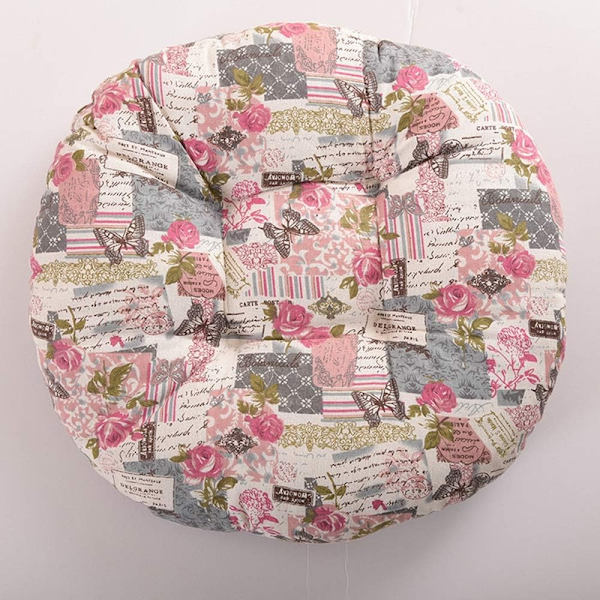 Stolputer, rund, seteputer, blomstermønster, dyreprint, seteputer for utendørs, hage, balkong, 40 cm, bomull og lin, rosa