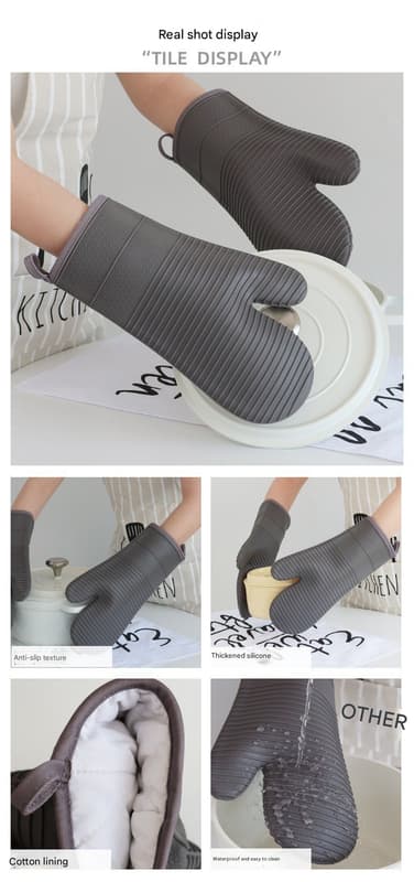 Ribbede bløde silikonehandsker, grydelapper, ekstra tykke og lange bagehandsker til køkkenbagning. 31,5 cm x 19 cm (grå) grå grey