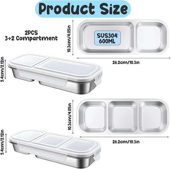 2-pack Stainless Steel Snack Boxes, 2 and 3 Compartment Bento Snack Boxes, Leak-Proof Sauce Boxes, Metal Bento Boxes