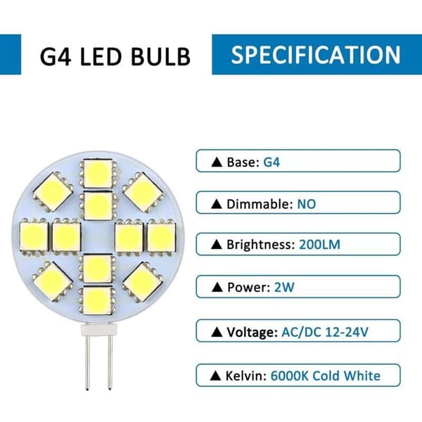 10-pack G4 DC 12V Non-Dimmable LED Bulb, White 6000K, Replacement for 20W Halogen Lamps for Kitchen, RV, Caravan, Boat