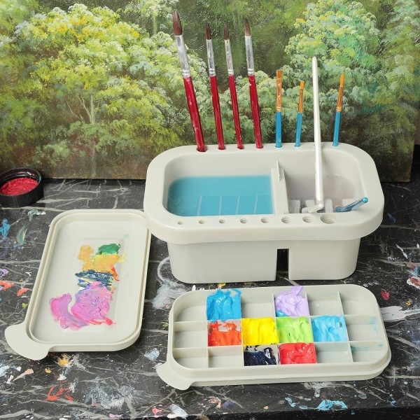Penselrens, malerbørsteholder og organiser med palet til akryl, akvarel og vandbaseret maling (grå)