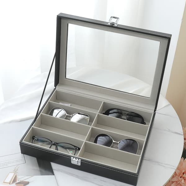 Solbrille Opbevaringsboks 8 Rum Skuffe til Kvinder Mænd Brille Display Etui Samler PU Læder