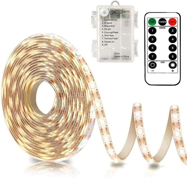 3-meter battery-powered LED light string with remote control, waterproof, warm white light.