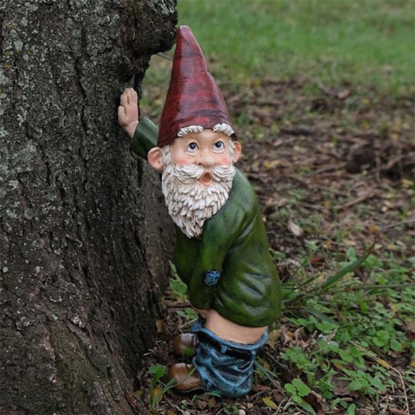 Nisse-statue Willy den tissehagendegnomen for hagepynt, innendørs eller utendørs dekorasjoner - Røde og grønne morsomme nisser