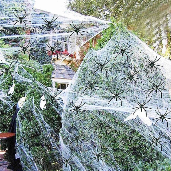 2 x 1000 neliöjalkaa halloween joustava hämähäkinverkko, jossa 200 muovista väärennöshämähäkkiä, jotka ovat yhteensopivat Indoor Outdoor Hallowin kanssa