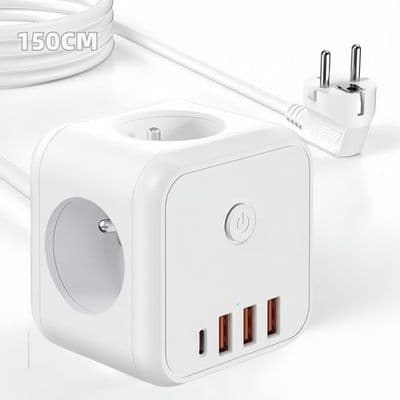 Multi-Power Cube Socket with Switch - 20W PD Fast Charging - 3 USB-A and 1 USB-C Sockets - 1.5m Extension Cord - White PZCC